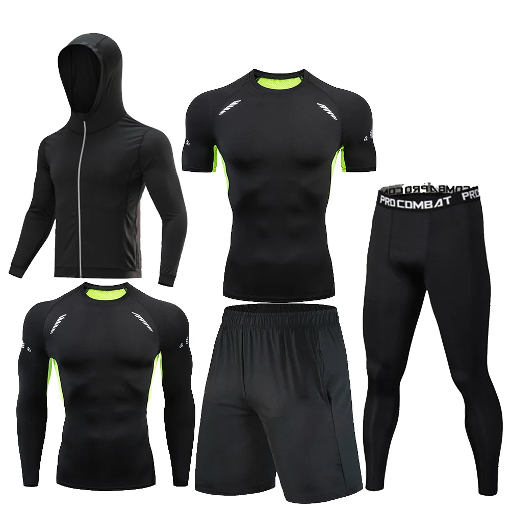 2024 New Men's Sportswear Set Running Fitness Sports Tight Clothes Set Outdoor Sports Sunscreen Clothes Printed 5-piece Set