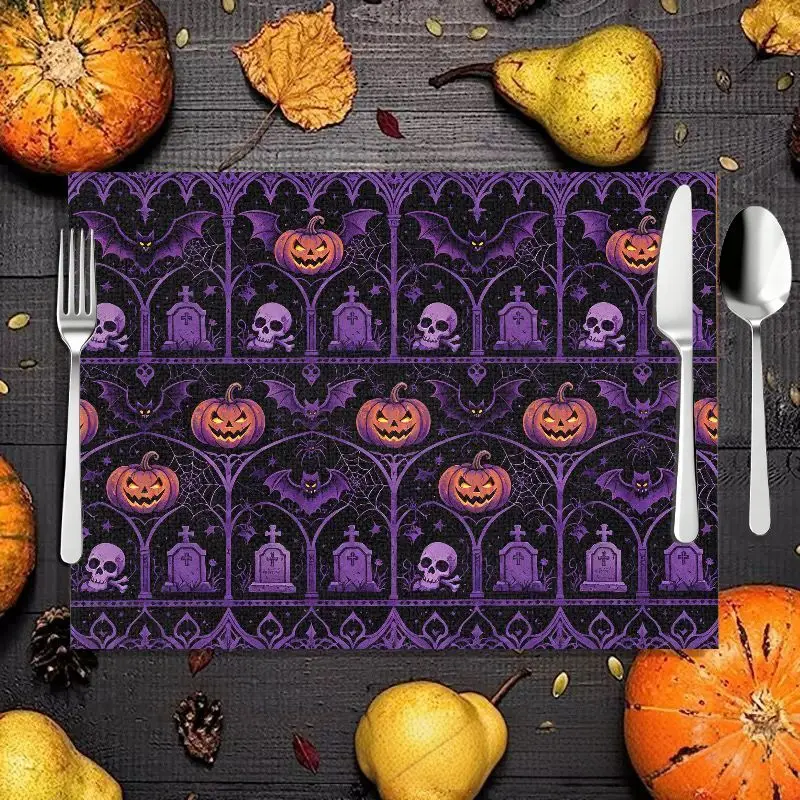 VIKAMA 2/4/6pcs Halloween Meal Mat, Ghost Castle Pumpkin Bat Skeleton Ghost Candy Table Mat, Spooky Desktop Party Decoration