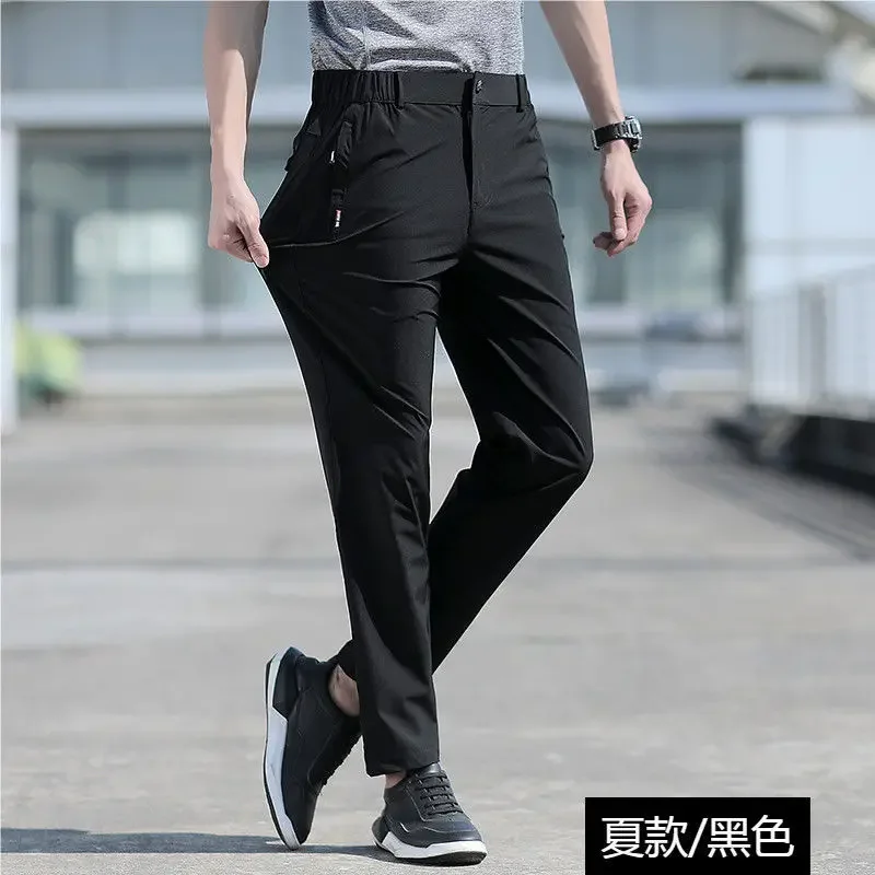 

Large Size Men's Summer Pants Big Size Ice Silk Stretch Breathable Straight Leg Pants 6XL Quick Dry Elastic Band Black Trousers5