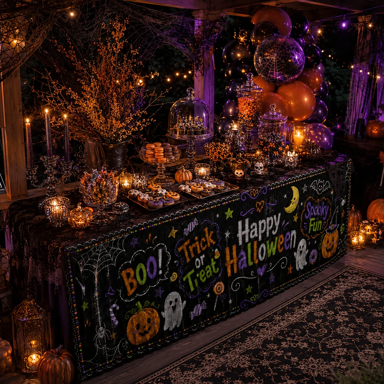 Table skirt in 1-piece set, Halloween Happy Blackboard Ghost Pumpkin Candy Table Skirt, suitable for horror partiesxzj