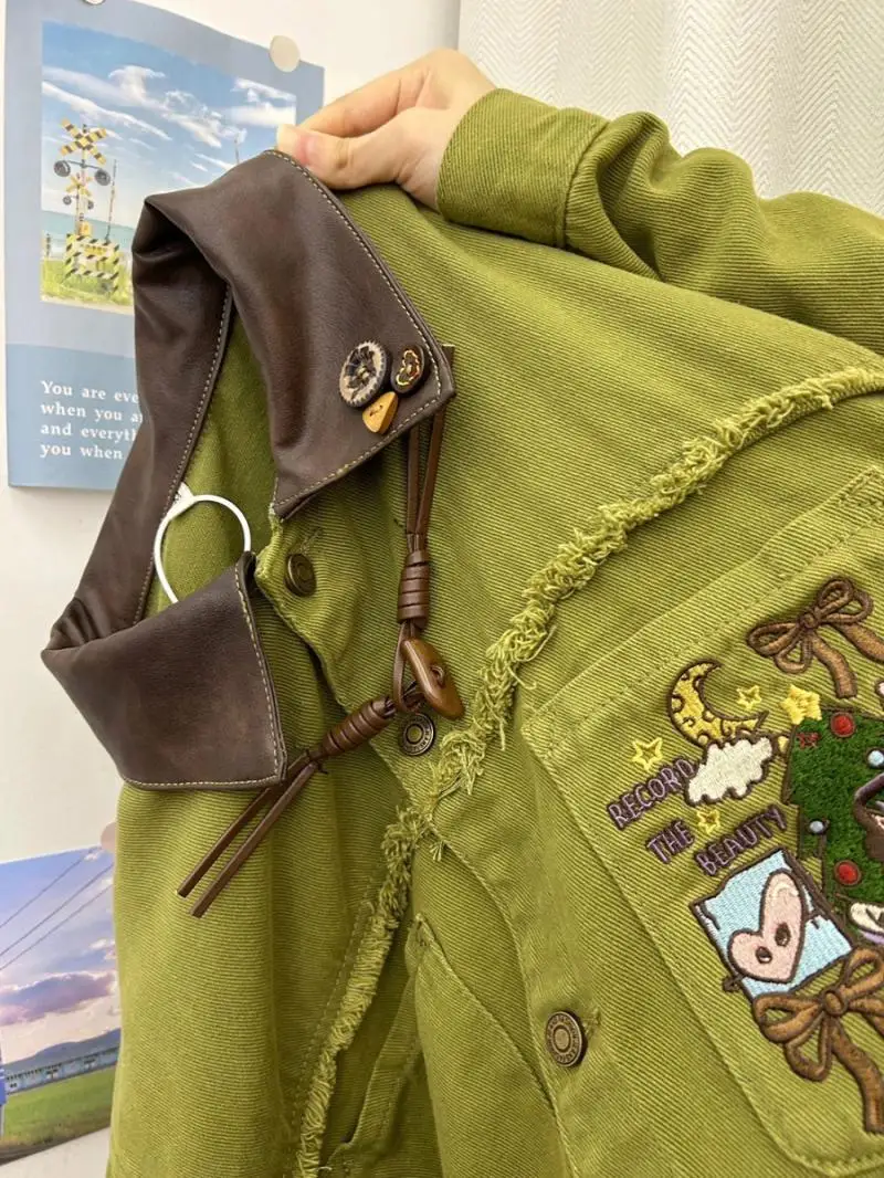 

Vintage Green Embroidery Oversize Denim Coat Women 2025 Spring Autumn New Jackets Y2k Lapel American Streetwear Tops Mujer