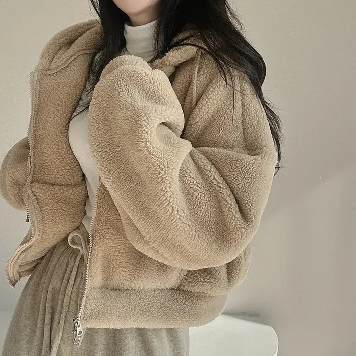 Thick Warm Loose Cropped Hoodies 2023 New Solid Color Lambhair Zipper All Match Coat Korean Fashion Chic Lantern Sleeves Coats