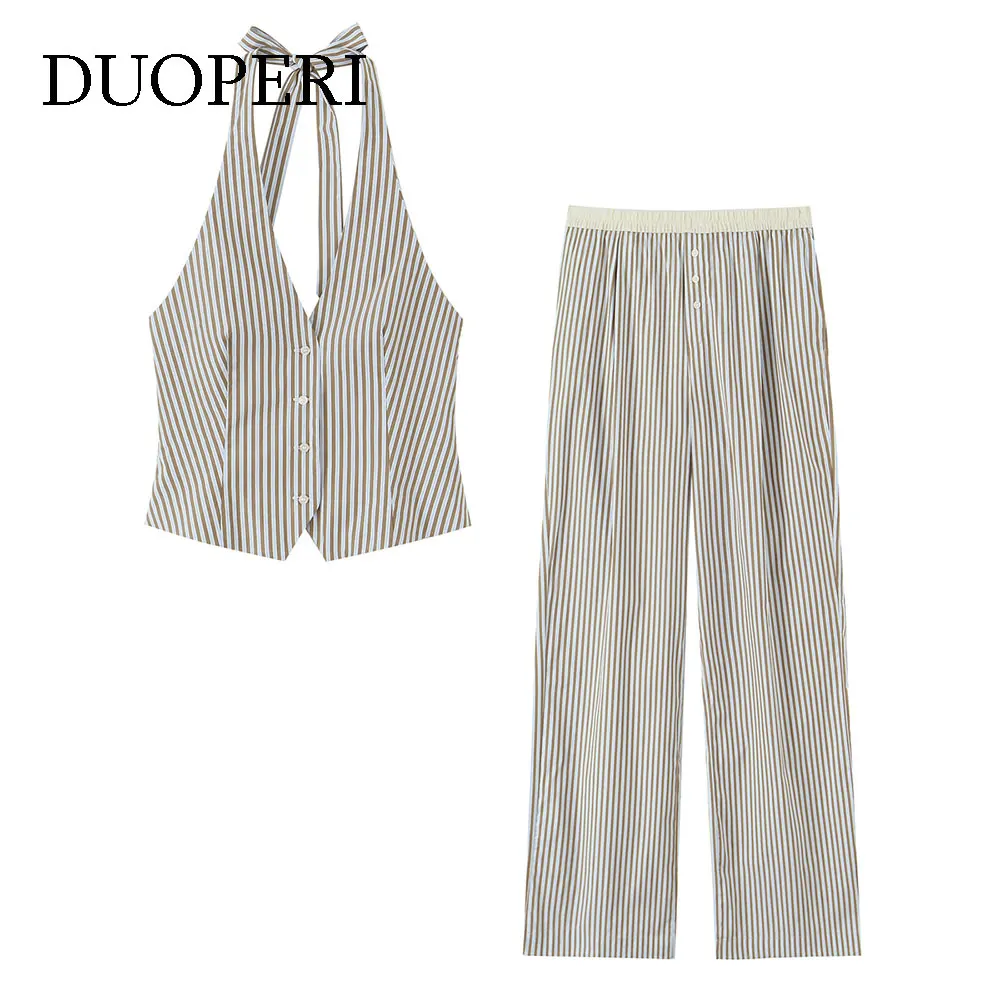 DUOPERI Set da 2 pezzi estivi da donna Canotte con scollo all'americana a righe e pantaloni dritti casual Set di pantaloni da donna chic femminili eleganti