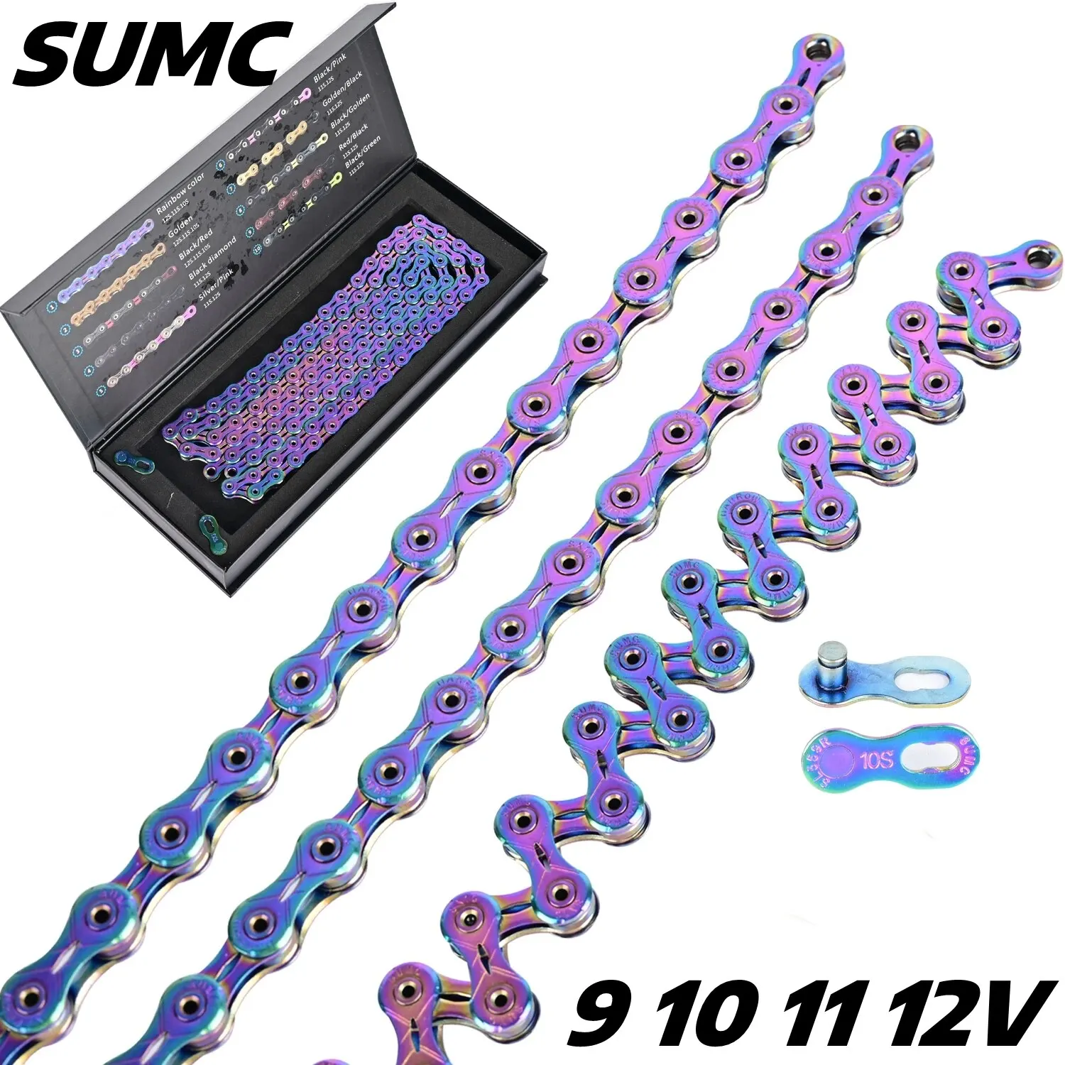 Bicycle Chains SUMC 9/10/11/12 Speed Rainbow Hollow Semi-hollow Magic Buckle Road Bike Bicycle Chain Length 116/126L Weight 250g