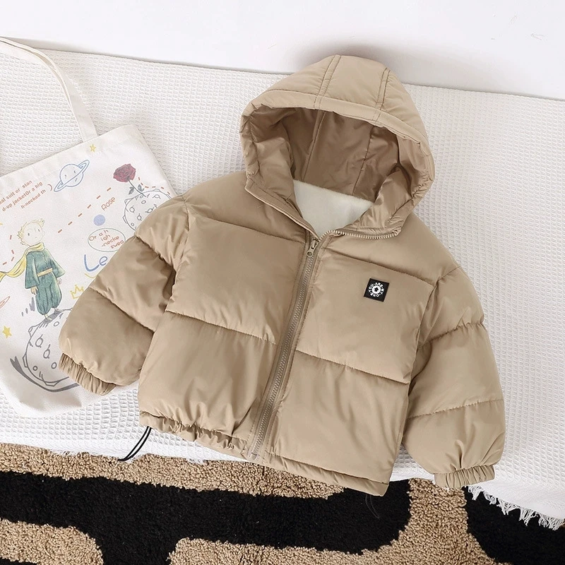 Kids Down Cotton Jacket Autumn Winter Fashion Letter Icon Windproof Warm Hooded Outerwear for Boys Girls 3-10 Years
