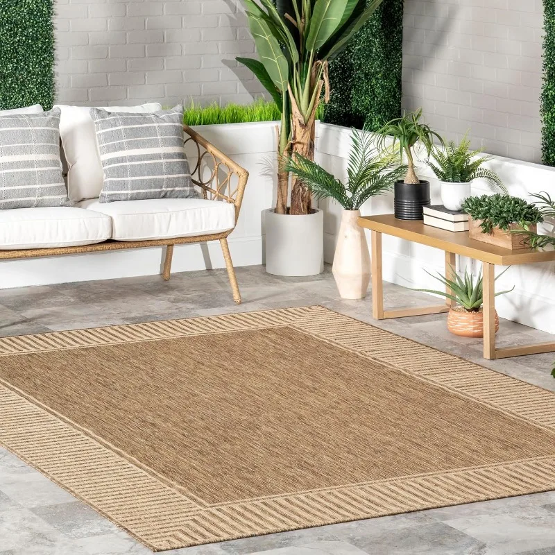 5' x 8' Outdoor Area Rug, Casual Design With Striped Border, Stain Resistant, Highly Durable