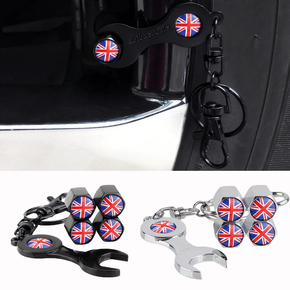 4PCS UK Flag Car Wheel Tire Valve Caps Tyre Stem Covers with Wrench for BMW Mercedes Renault Citroen Subaru Cadillac Honda