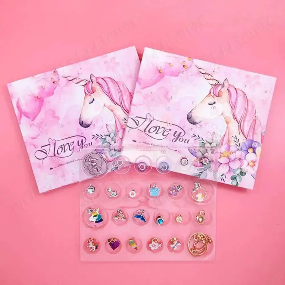 عيد ميلاد سعيد طقم مجوهرات تقويم القدوم هدية صندوق 24 يوما الأزرق يونيكورن سوار ذاتي الصنع قلادة قلادة عيد الميلاد العد التنازلي التقويمات #2