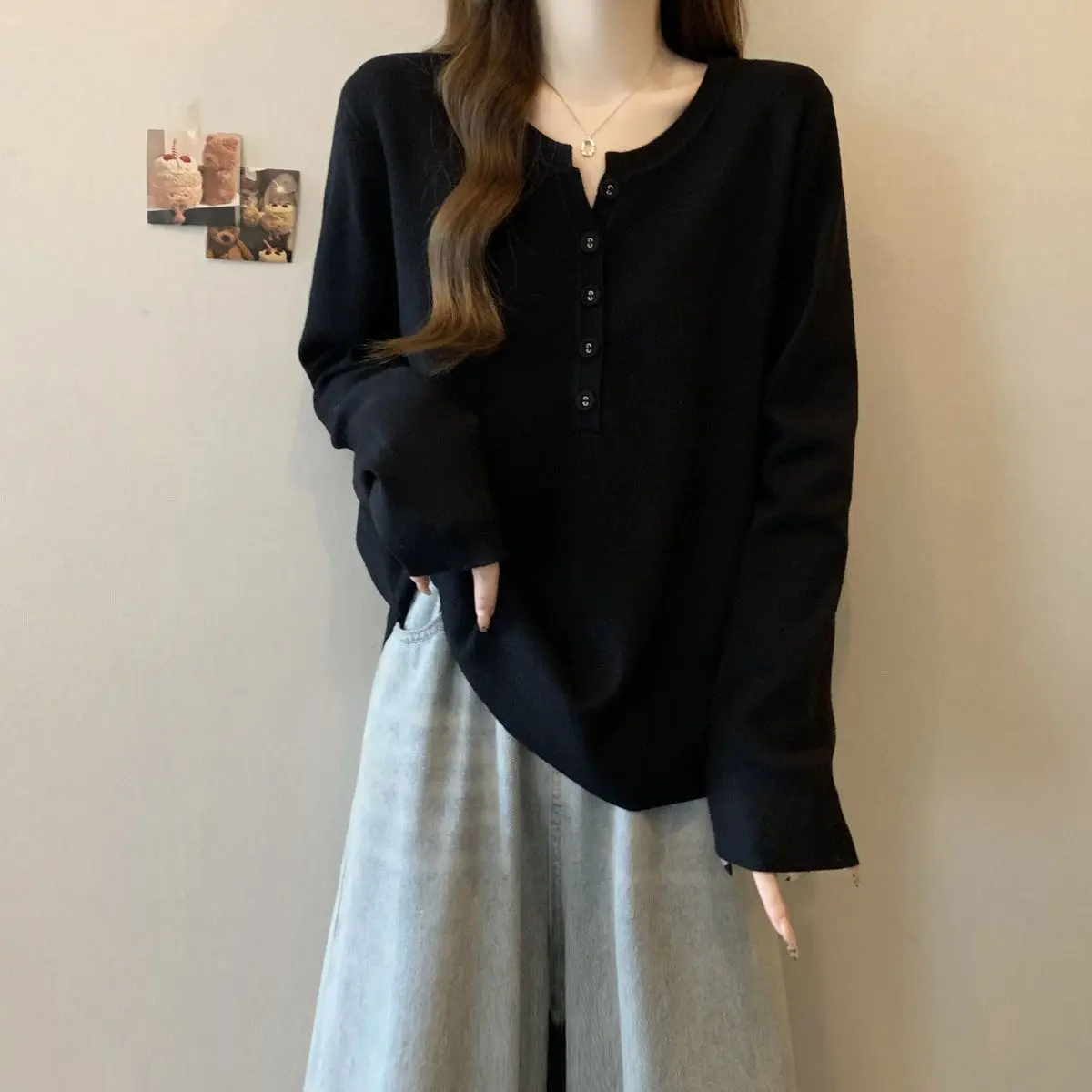 Large size women's clothing spring and autumn new solid color loose and thin button half-open neck long-sleeved top