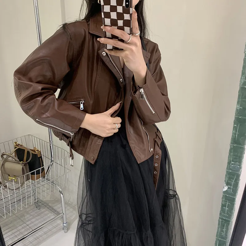 Spring Autumn Brown Faux Leather Coat With Belt Loose Casual Lapel Long Sleeve Female Biker Jacket Streetwear Casaco Feminino