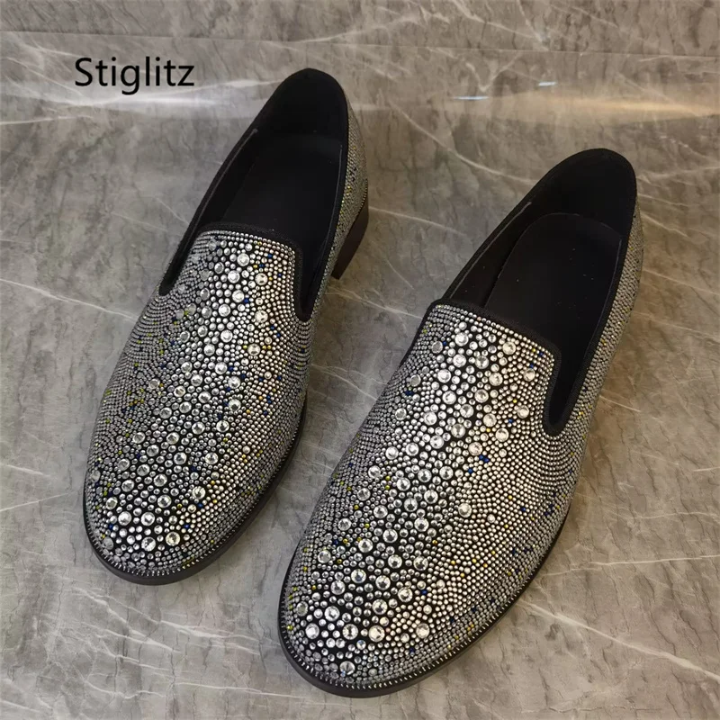 Full Rhinestone Silver Wedding Shoes for Men Luxury Design Crystal Business Shoes Slip On Elegant Man Dress Shoes Spring Autumn