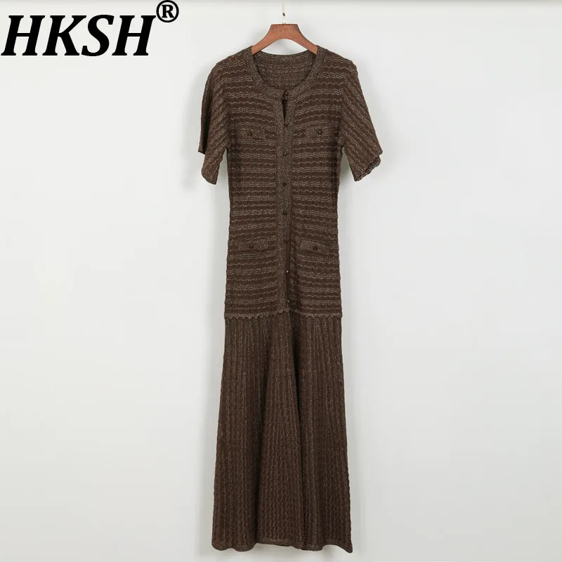 

HKSH Women Knitted Long Dress Single Breasted Short Sleeves Pleated Slim Fit Studded Diamonds Chic Casual Dresses Summer HK22143