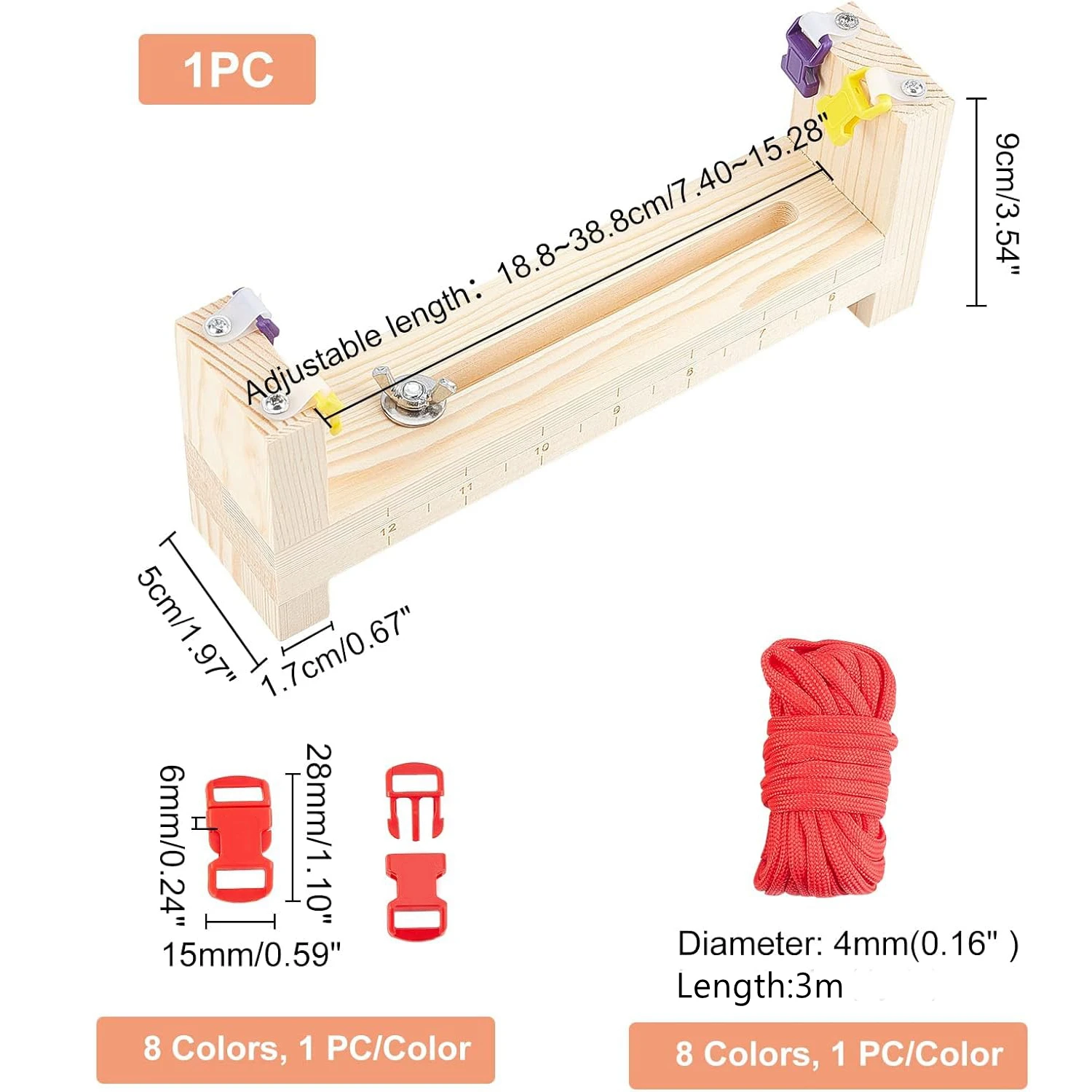 Wood Paracord Jig Bracelet Maker Kit Wristband Maker with Parachute Cords & Buckles Adjustable DIY Braiding Weaving Craft Tool view 4