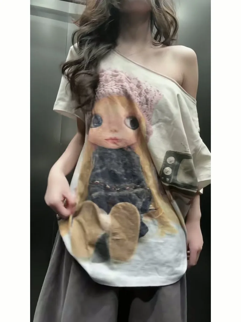 

Женская летняя хлопковая футболка с коротким рукавом и одним открытым плечом, новинка 2026 года, в стиле Y2K, с винтажным принтом куклы, с открытыми плечами