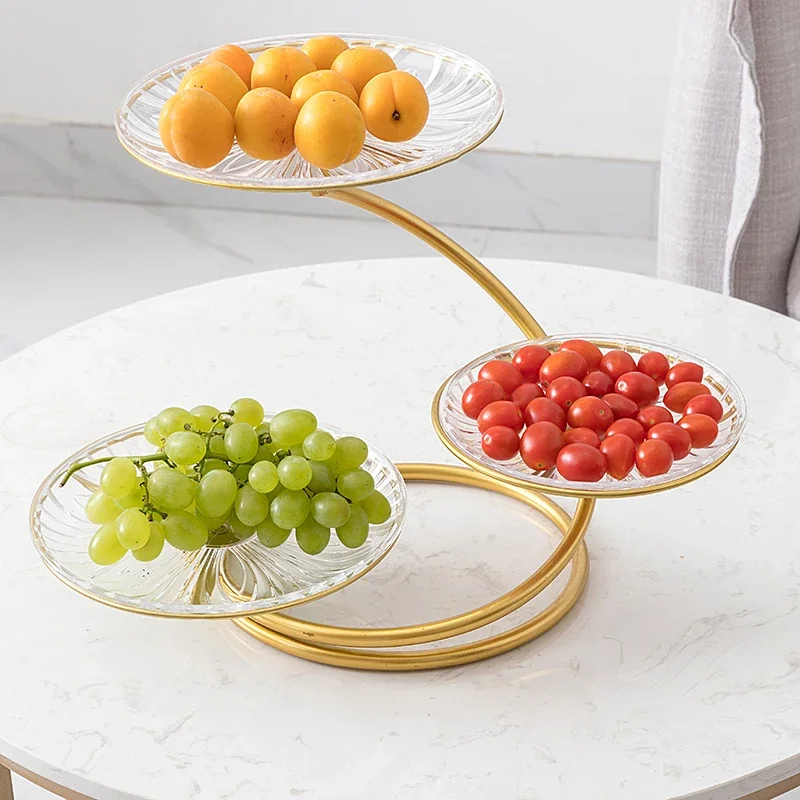 Gold Metal 3-Layer Lead-free Transparent Food Round Cake Tools Fruit Stand with Preservation Acrylic Cover