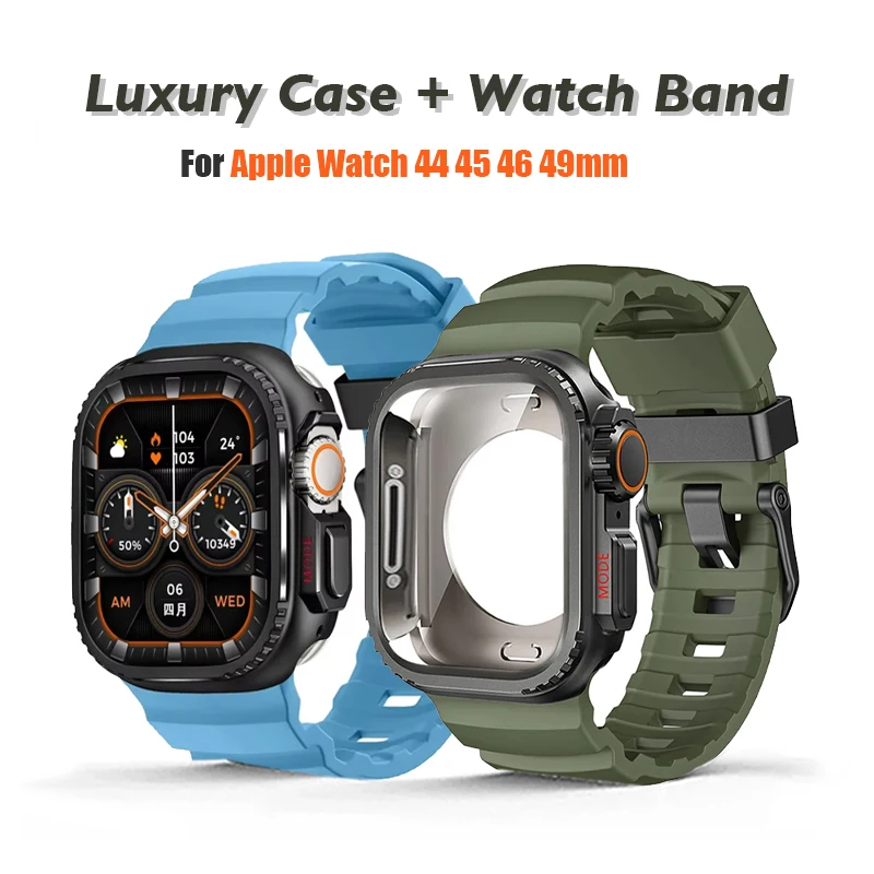 

Силиконовый ремешок + металлический чехол для Apple Watch Ultra 2 49 мм серии 10, 46 мм, 44 45 мм, высококачественный металлический чехол для Iwatch 10 9 8 7 6 5 4