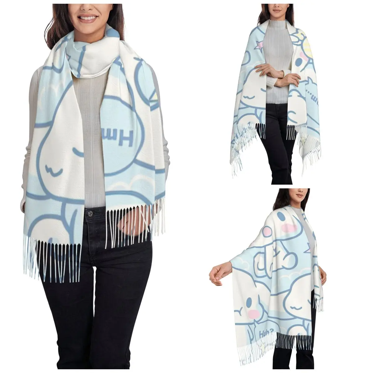 Women's Scarf with Tassel Cinnamoroll Kawaii Long Winter Warm Shawl Wrap Cute Cartoon Gifts Cashmere Scarf