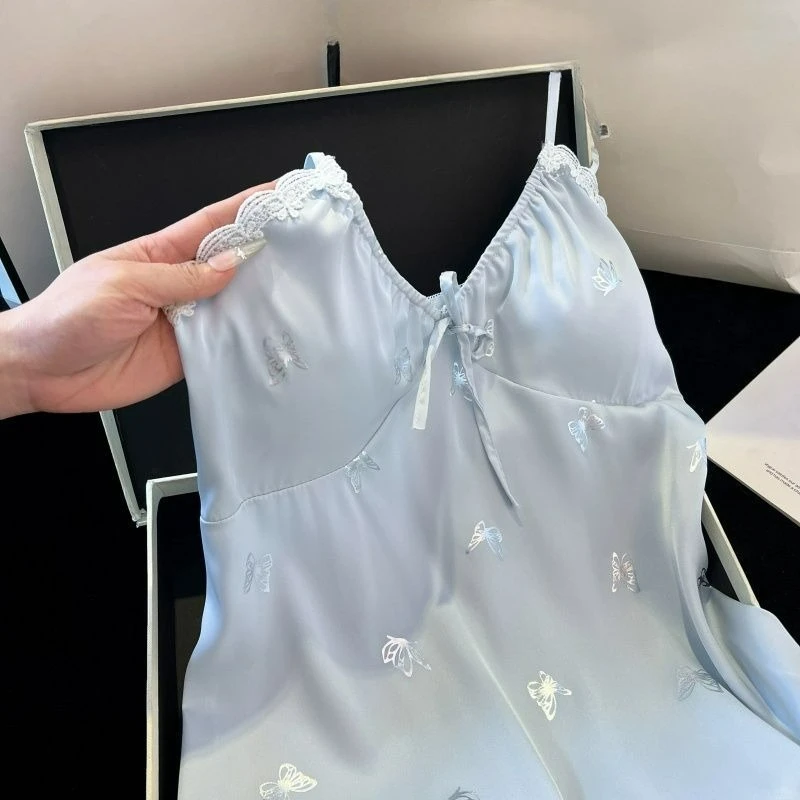 Ice Silk Chest Pad Butterfly Suspender Silver Butterfly Nightdress Summer Pajamas Sexy Loungewear New Nightdress with Chest Pad