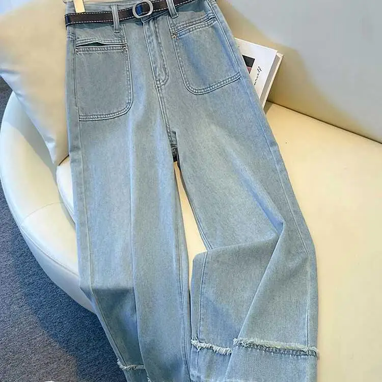 

Синие свободные джинсы прямого кроя с высокой талией, длинные брюки на пуговицах из денима, весенне-осенние, маленький размер, с рваными краями...