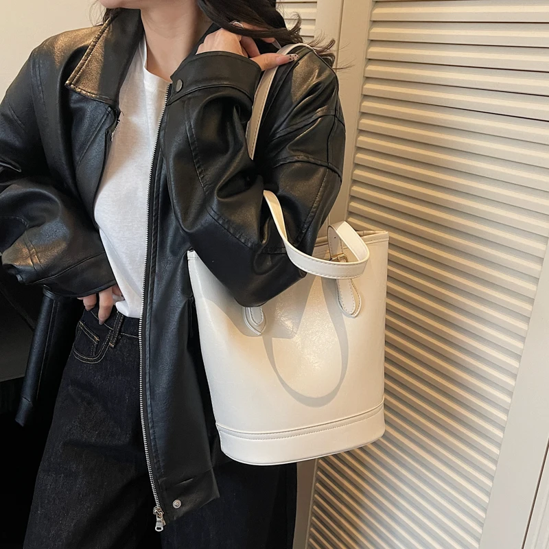 MOODS High Quality Classic Shoulder Bucket Bags For Women PU Leather Pure Color Large Capacity Shopper Totes Dual-strap Handbags