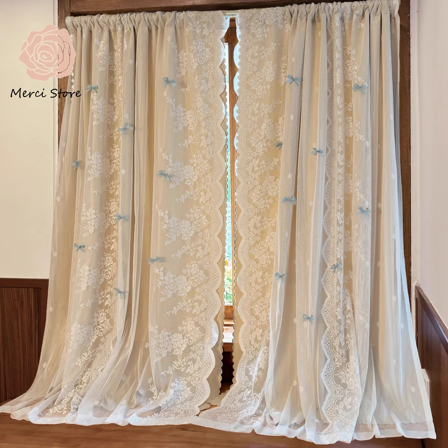 

Pastoral Dopamine French Blackout Curtains for Bedroom Small Window Bay Window Lace Grommet Free Double Layer Drapes Custom