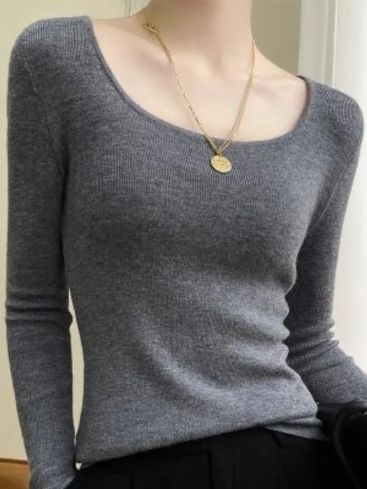 

Early Spring Slim Fit Long Sleeve Knitted Base Shirt Women's Soft Thin U-Neck Pure Color Top Comfortable Breathable Polyester