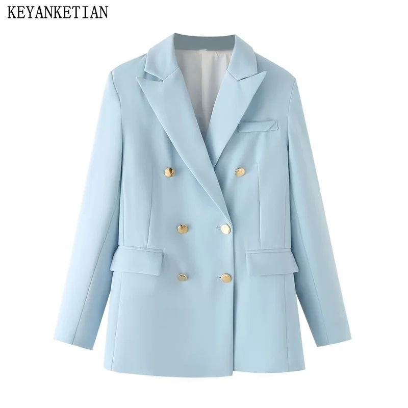 

KEYANKETIAN 2024 New Launch Women's Sky Blue Casual Suit Spring Double Breasted Flap Pockets Seam Detail Office Lady Outerwear