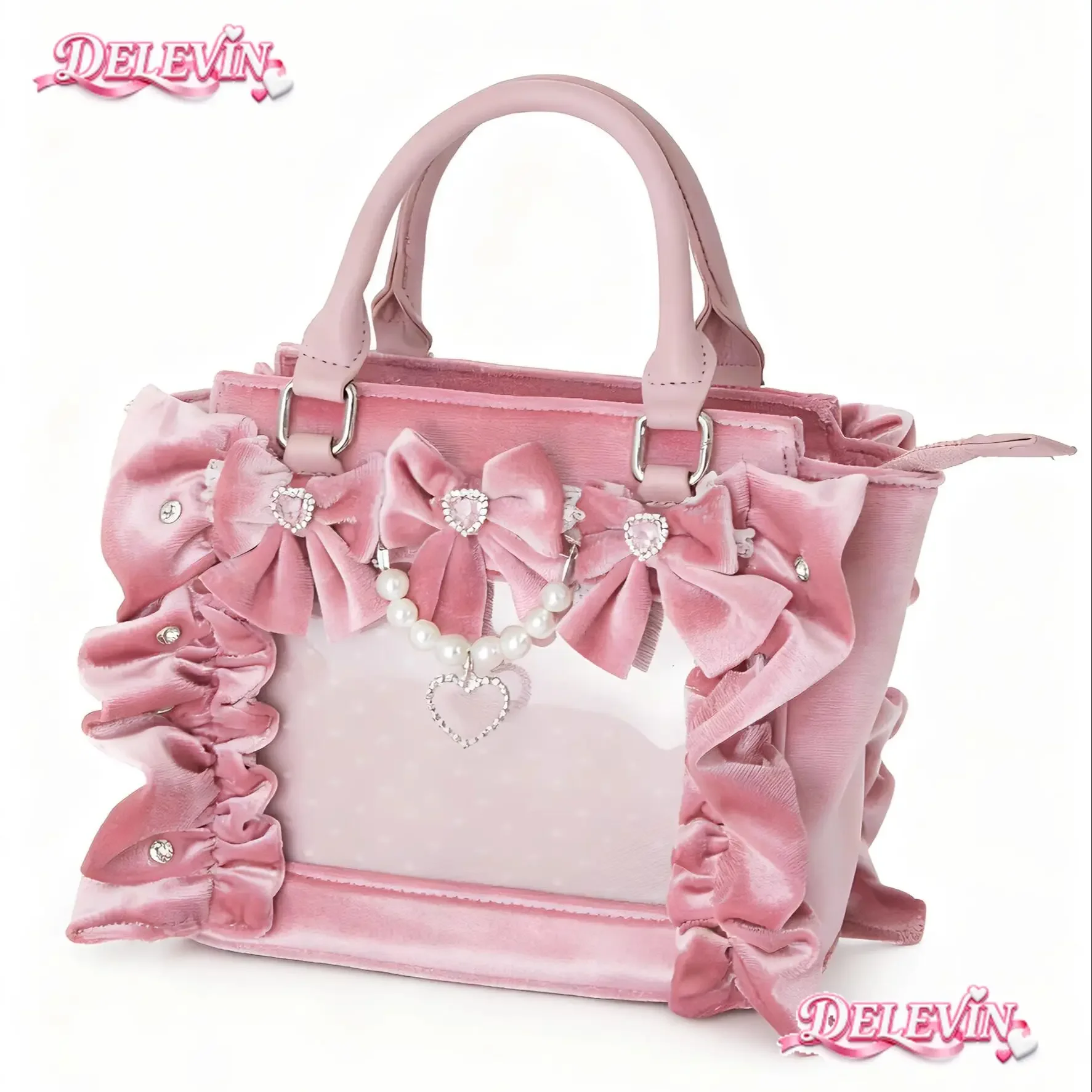 Lolita Velvet Handbag Sweet Girls Bow Rhinestone Casual Handbags Transparent Crossbody Bags for Women Elegant Top-Handle Bag