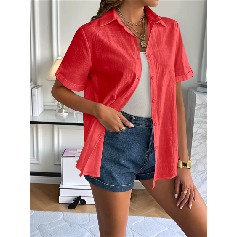 CYL-Camicia da donna con bottoni in cotone Camicia a maniche corte con orlo arrotolato Top estivo da donna in cotone da spiaggia casual con scollo a V