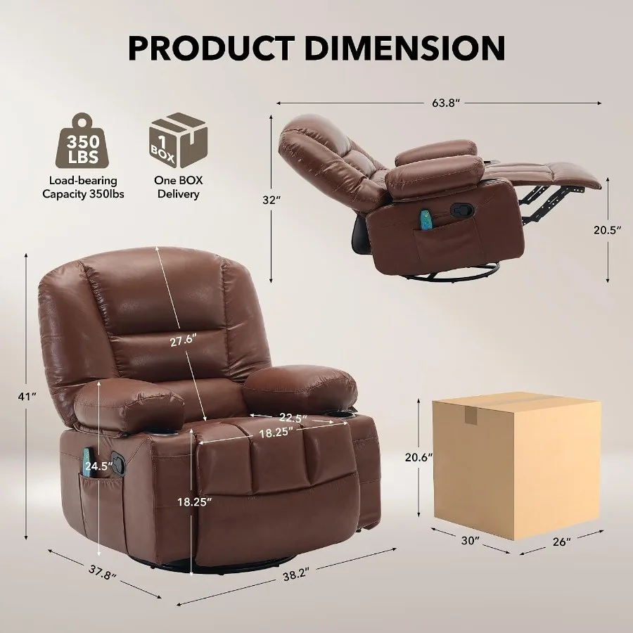 Living Room Oversized Wide Recliner Chair with Vibration Massage and Heat, PU Leather, Brown, 360 Swivel Glider with Cup Holder