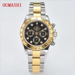 Oumashi 39mm DTN VK63 Movement Panda Three Eye Quartz Watch Sapphire Stainless Steel Waterproof Timing Code Men's Watch