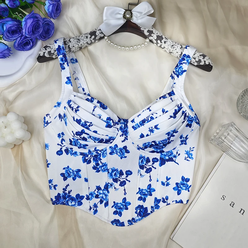 

Sexy Fishbone Corset Women Summer Blue Floral Print Lace Strap Vest Fashion Underiwre Slim Buckle Night Club Party Tank Top Y2K