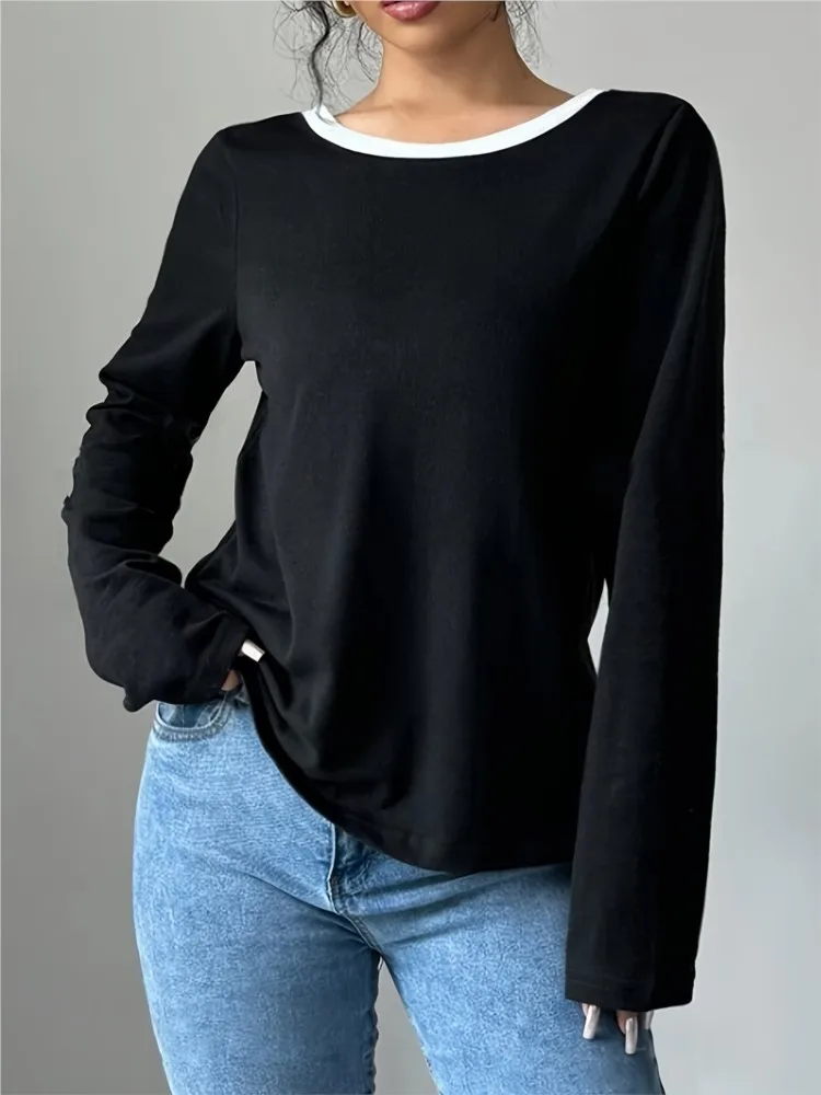 

Spring Autumn New Women's Slim Fit Long Sleeved T-shirt Fashion Bow Casual Round Neck Bottom Shirt Top
