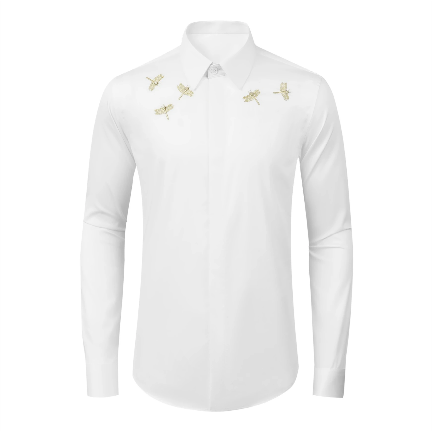 

2025 New Golden Dragonfly Embroidered Shirt Men Long Sleeve Casual Business Dress Shirts High End Social Banquet Party Shirts