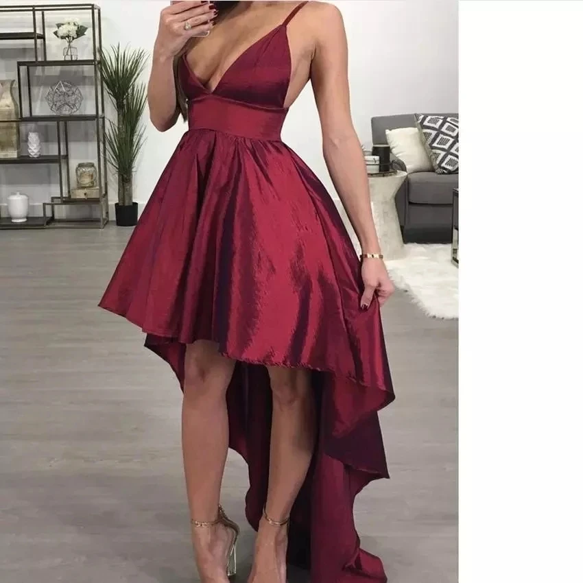 

ANGELSBRIDEP High-Low Burgundy Prom Dresses Vestidos de festa Spaghetti Straps Satin Simple Design Formal Celebrity Party Gowns