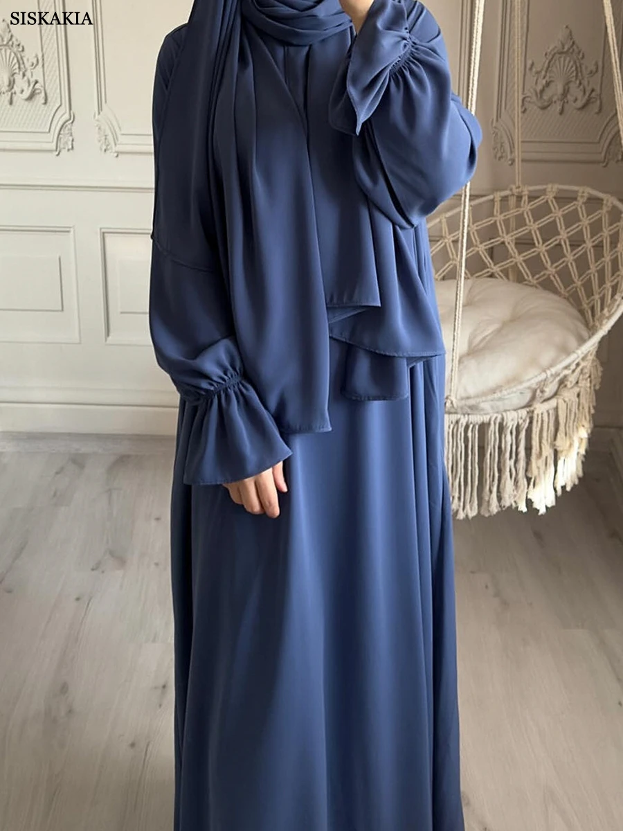 Siskakia Solide Bescheiden Abaya Moslim Vrouw Dubai Jurken Met Hoofddoek Flare Mouw Casual Kleding Islam Dubai Gebedskleed