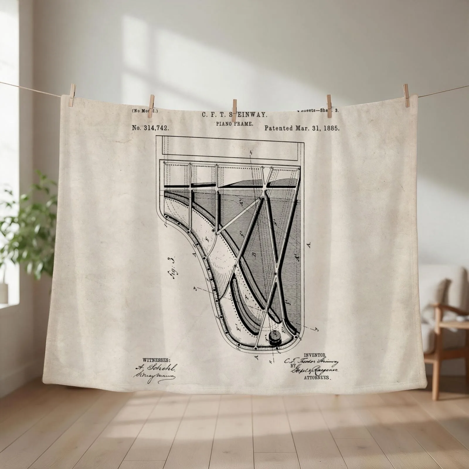 Steinway Piano Patent - Piano Player Art - Antique Throw Blanket couch cozy soft plush fuzzy picnic outdoor blanket