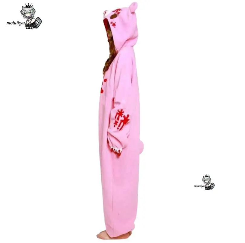 Gloomy Bear Blood Print Onesie Pajamas Fleece Warm Unisex Adult Cartoon Cosplay Costume Halloween Jumpsuit Sleepwear Couple Gift