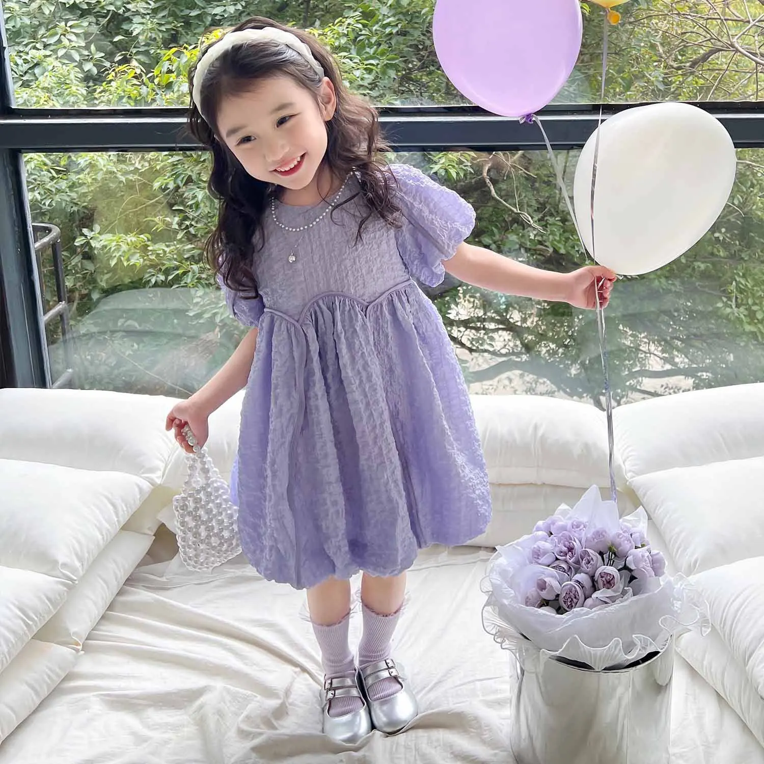 Girls\' Summer Dress New Fashionable Solid Color Sweet Dress Short Sleeved Princess Dress Fluffy Dress For Children Clothing