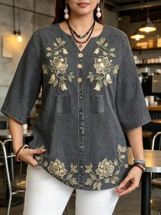 Vintage Floral Embroidery Cotton Linen Blouses Notch V Neck Button Front 3/4 Sleeve Pocket Design Casual Women Shirts