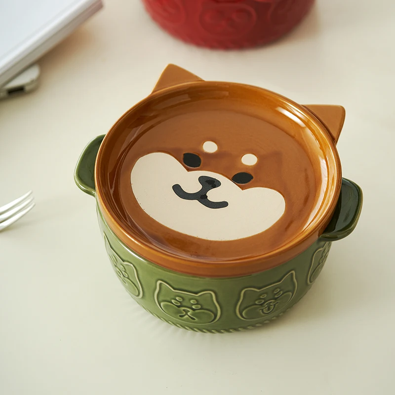 Ceramic Instant Noodles Bowls With Lid Ins Popular Dog Printed Emboss Double Ears Large Capacity 870ML Food Container Soup Bowl