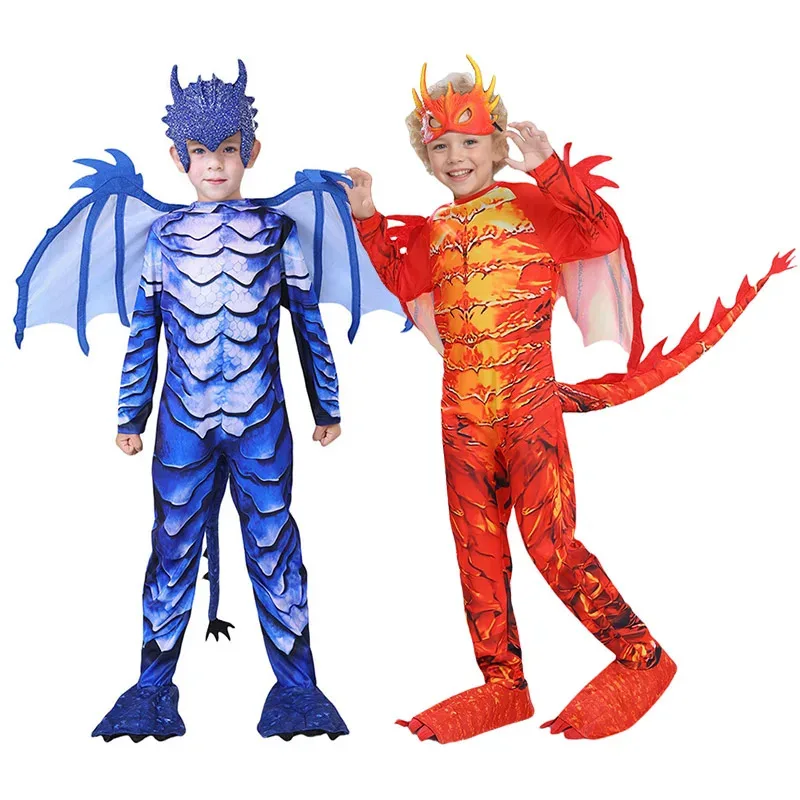 

2025 New Halloween Deadly Frost Blue Dragon Costume Kids Unisex Dinosaur Outfits Dress Up Halloween Boys Red Fire Dragon Knight