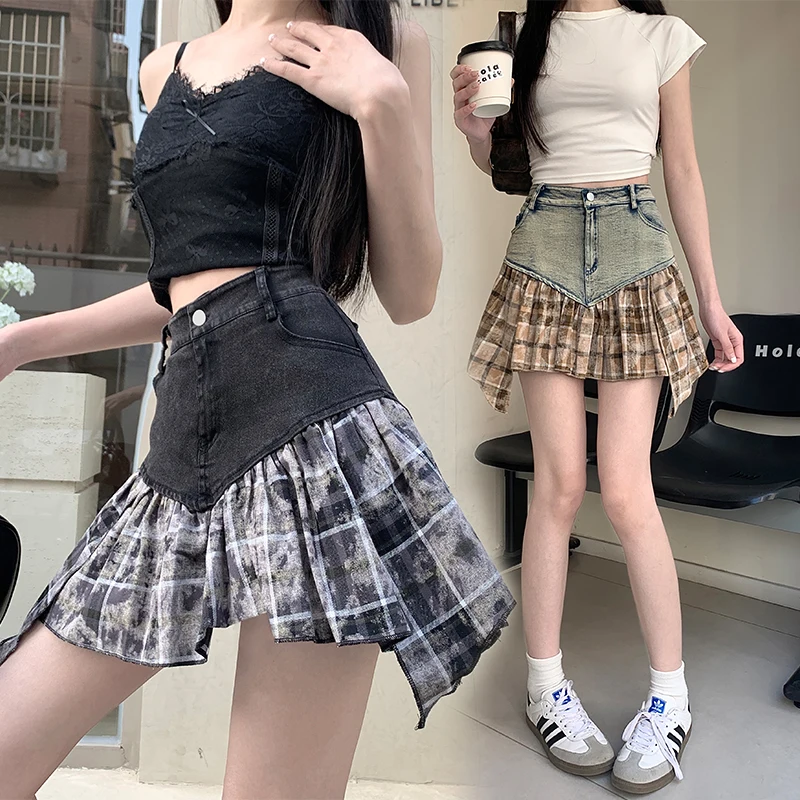 Real Shot In Stock Design Sense Denim Patchwork Irregular Plaid High Waist A-Line Short Skirt for Women