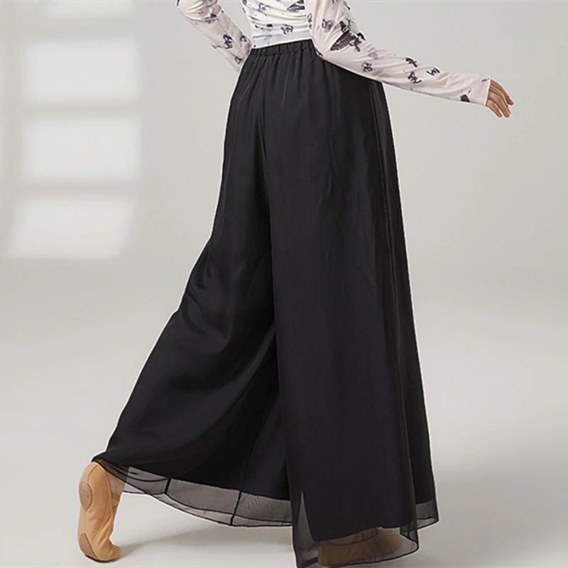 Pantaloni da danza classica Pantaloni a gamba larga da donna che scorre larghi doppi strati in chiffon Costumi di performance per pratica moderna Abbigliamento da fata