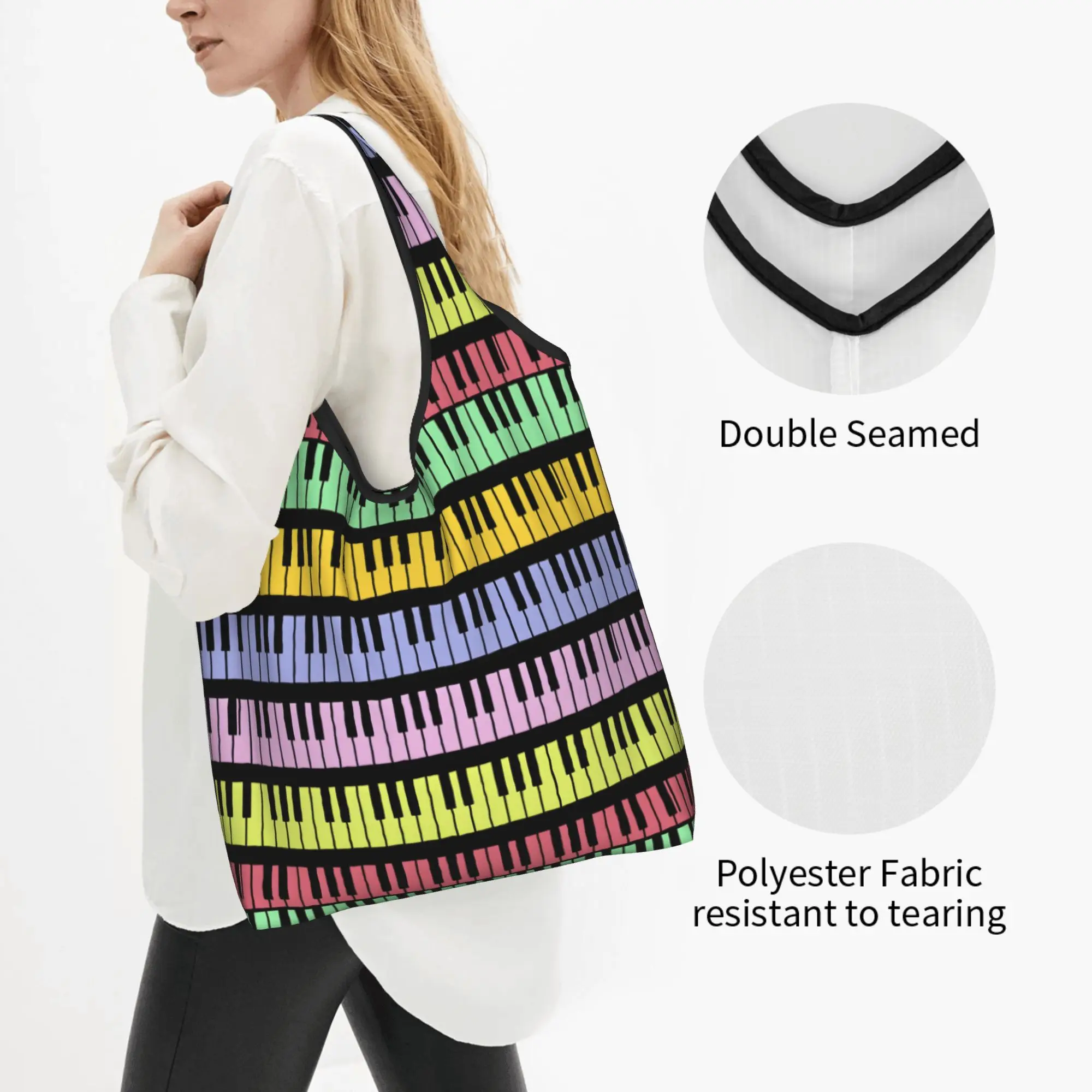 Reusable Rainbow Music Shopping Bag Women Tote Bag Portable  Grocery Shopper Bags