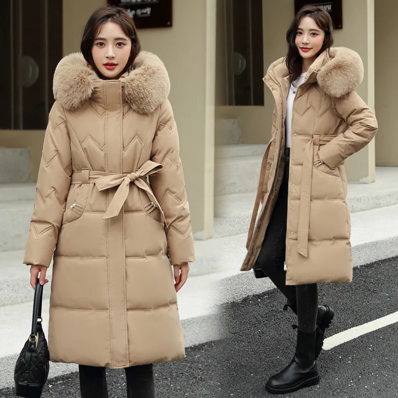 Women Parkas Coats Mid Lenth Jacket Hooded Solid Lace Up Pocket Coverd Button Cinched Waist Long Sleeve Thick Casual 2025 Winter