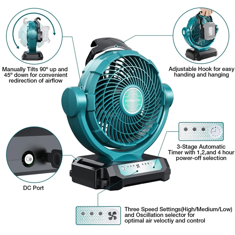 

For Makita 14.4V-18V Li-ion Battery AC/DC Power Tool Fan Plug-in Household Fan Outdoor Construction Site Portable BL1860 BL1850