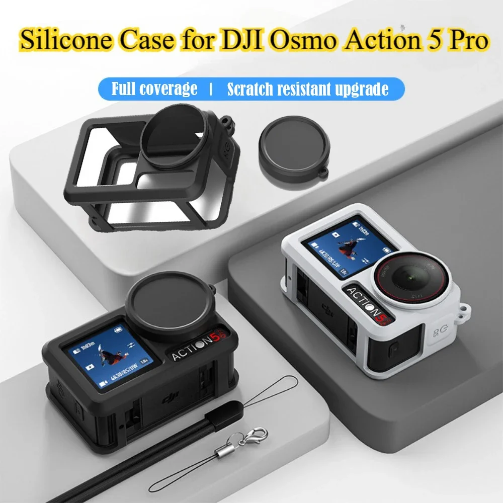 เคสซิลิโคนสำหรับ DJI Action 5 Pro อุปกรณ์เสริมแบบนิ่ม + ฝาครอบเลนส์ ยางซิลิโคนป้องกันสำหรับ DJI Osmo Action 5 Pro