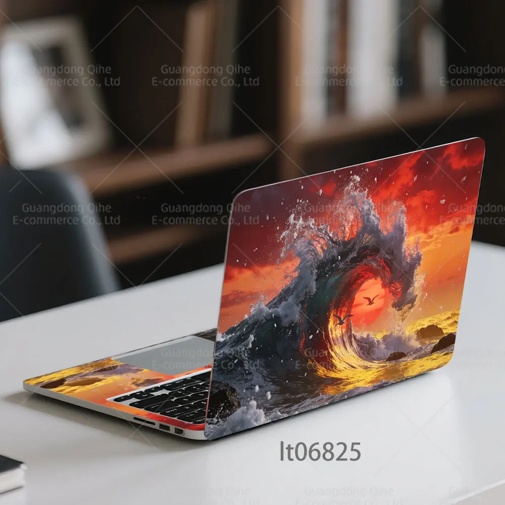 2PCS Sunset Ocean Wave Laptop Skin Sticker, Red Sky Seascape Nature Scenery Decal Cover for Macbook HP Dell Lenovo 11-17 inch