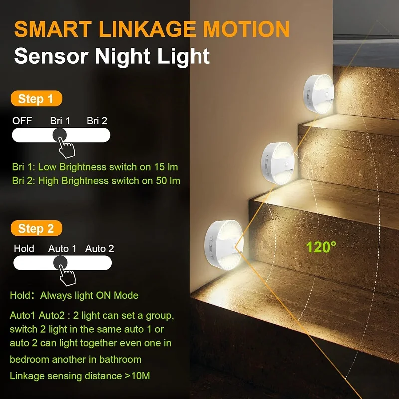 2 Pack 3 Mode Power changeable Smart Linkable Motion Sensor Night Light For Home